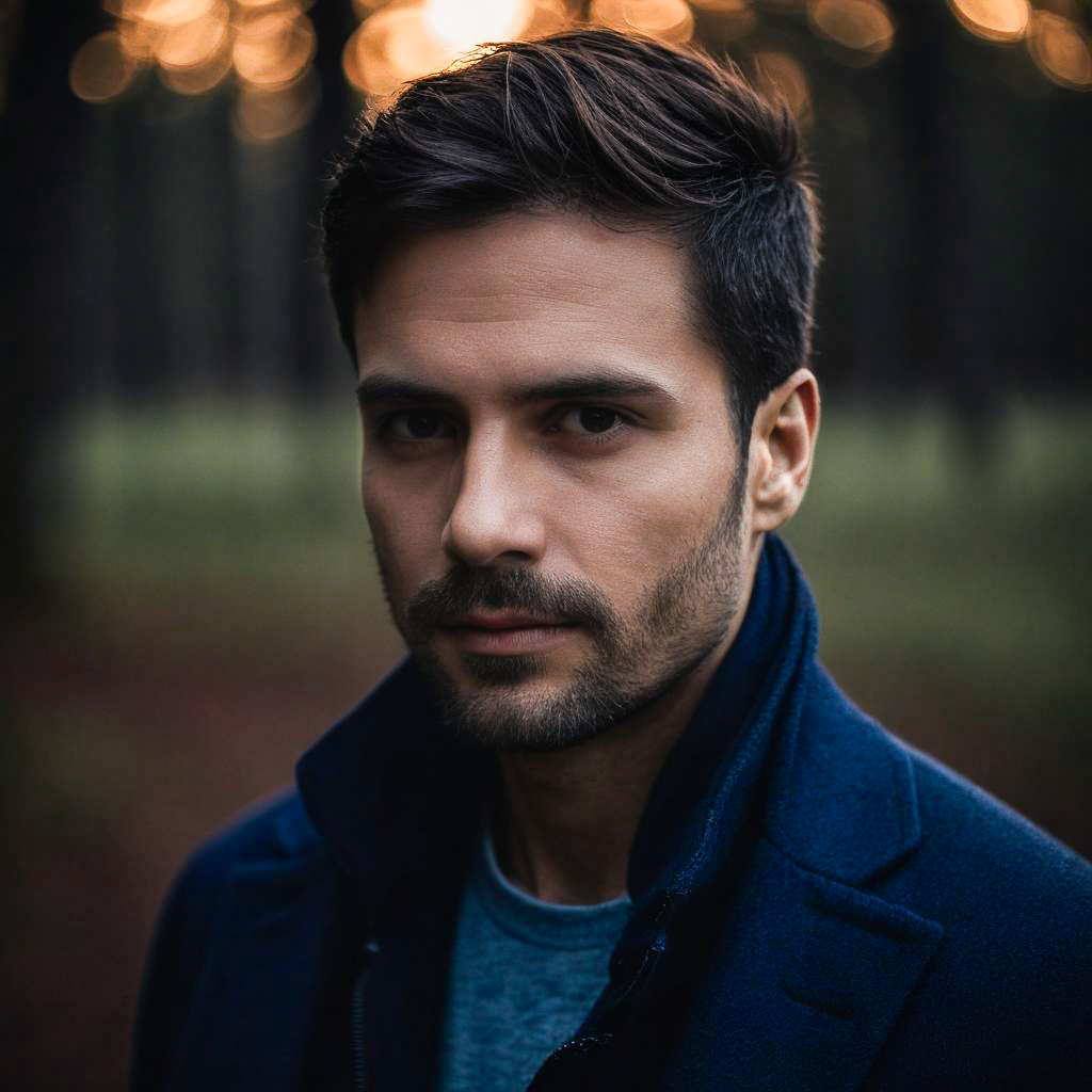 Thoughtful Young Man in Navy Coat