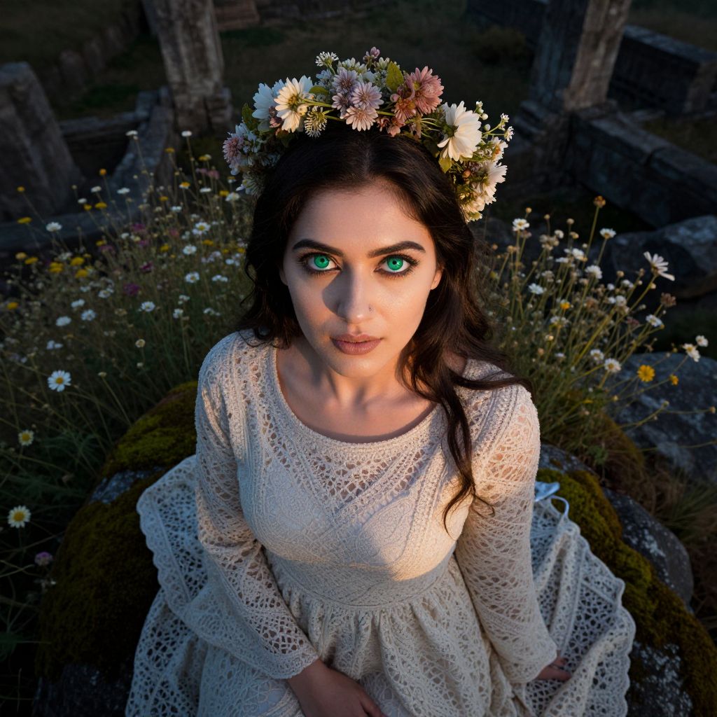 Woman with Green Eyes and Floral Crown in Lace Dress at Stone Ruins
