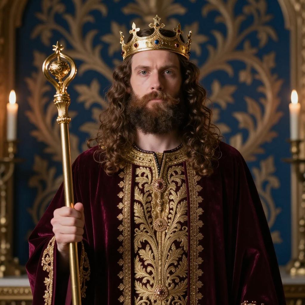 Regal King in Ornate Gold Crown and Velvet Robe Holding Golden Scepter