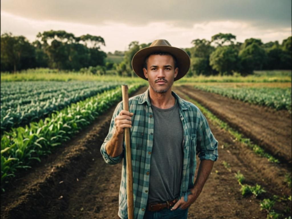 Confident Farmer in Green Field with Hoe