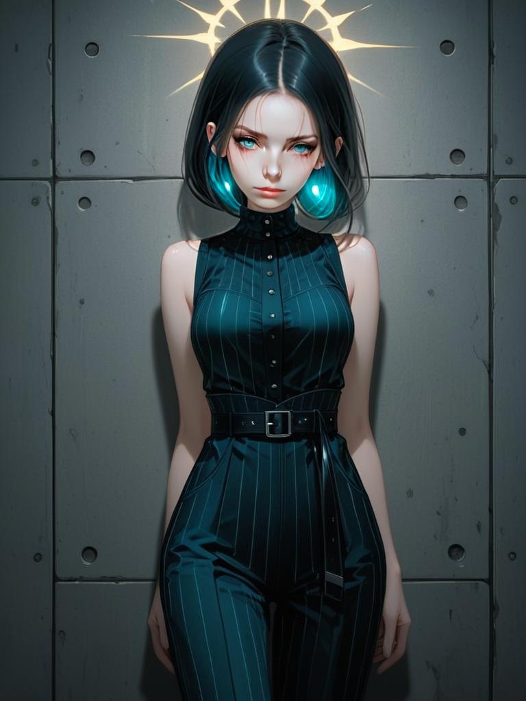 Dark Illustrious Woman in Cyberpunk Pinstriped Jumpsuit Digital Art