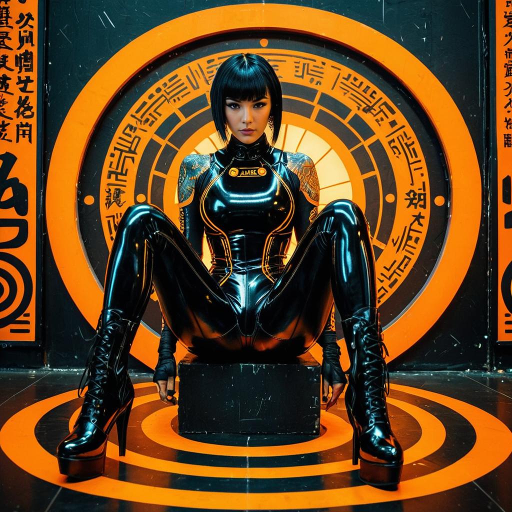 Futuristic Woman in Black Latex Suit with Cyberpunk Aesthetic