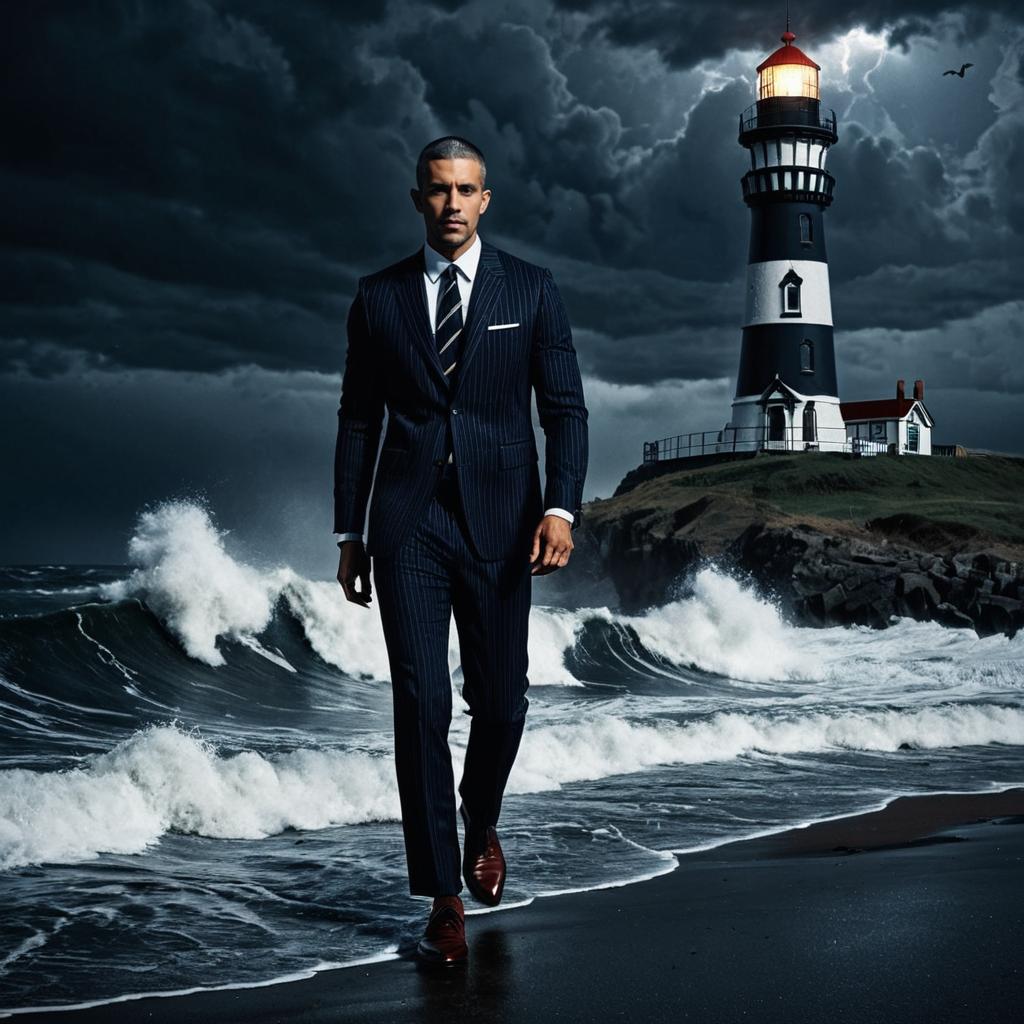 Confident Man in Pinstripe Suit on Stormy Shoreline