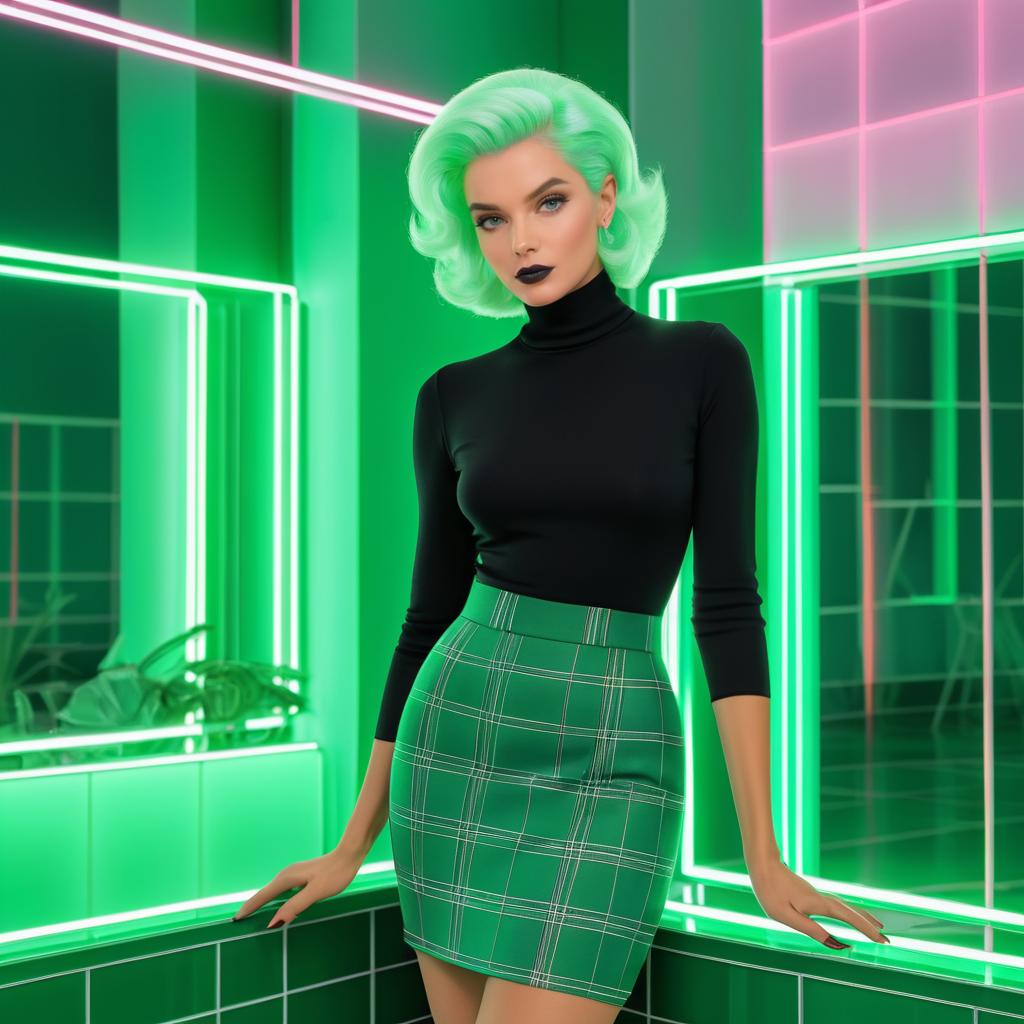 Stylish Woman with Green Hair in Neon Lights