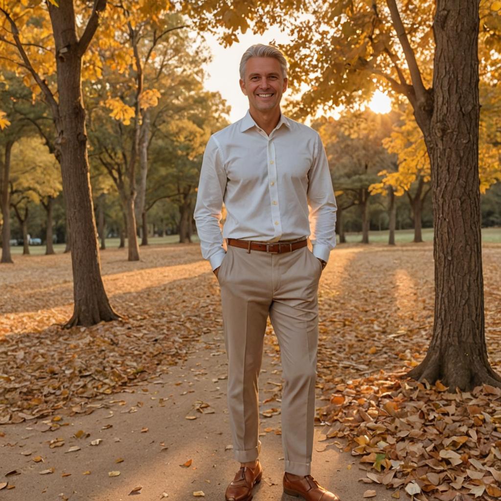 Confident Man on Tree-Lined Path in Golden Hour Light