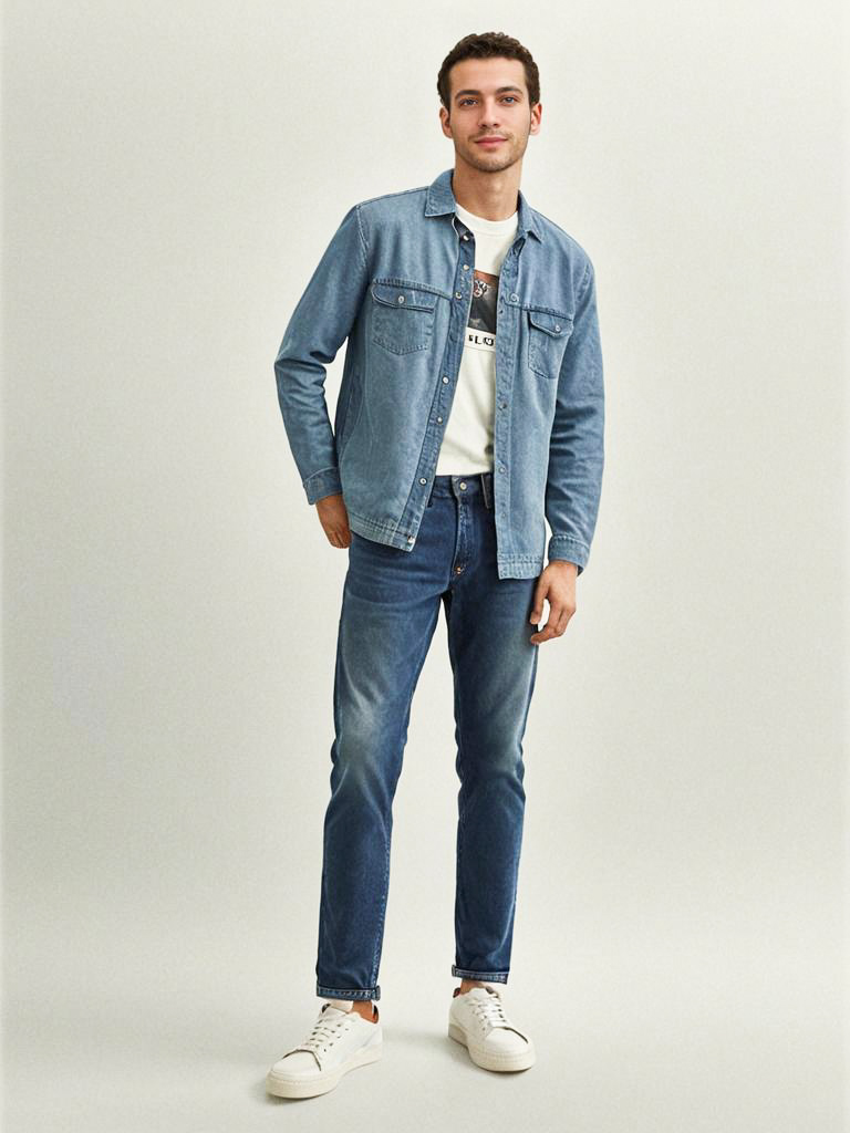 Stylish Young Man in Denim Jacket and Sneakers