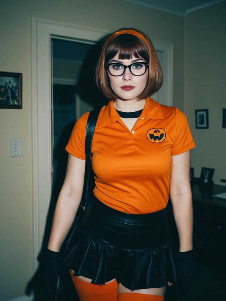 Woman in Velma Halloween Costume Cinematic Realism Editorial Cosplay