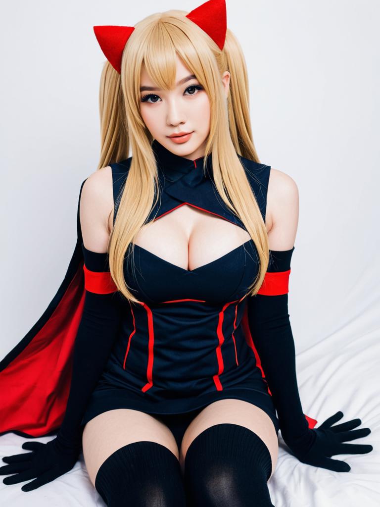 Akatsuki-Inspired Blonde Woman Cosplay with Red Cat Ears and Black Red Costume