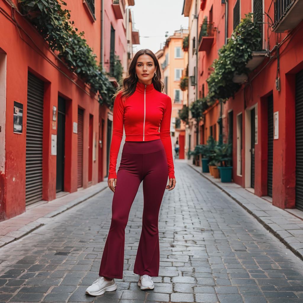 Woman in Red Zip-Up Top and Maroon Pants on Vibrant Cobblestone Street