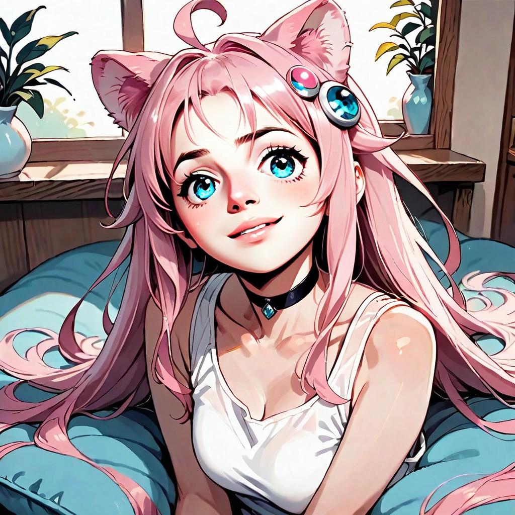 Anime Girl with Pink Hair and Cat Ears in Cozy Indoor Setting