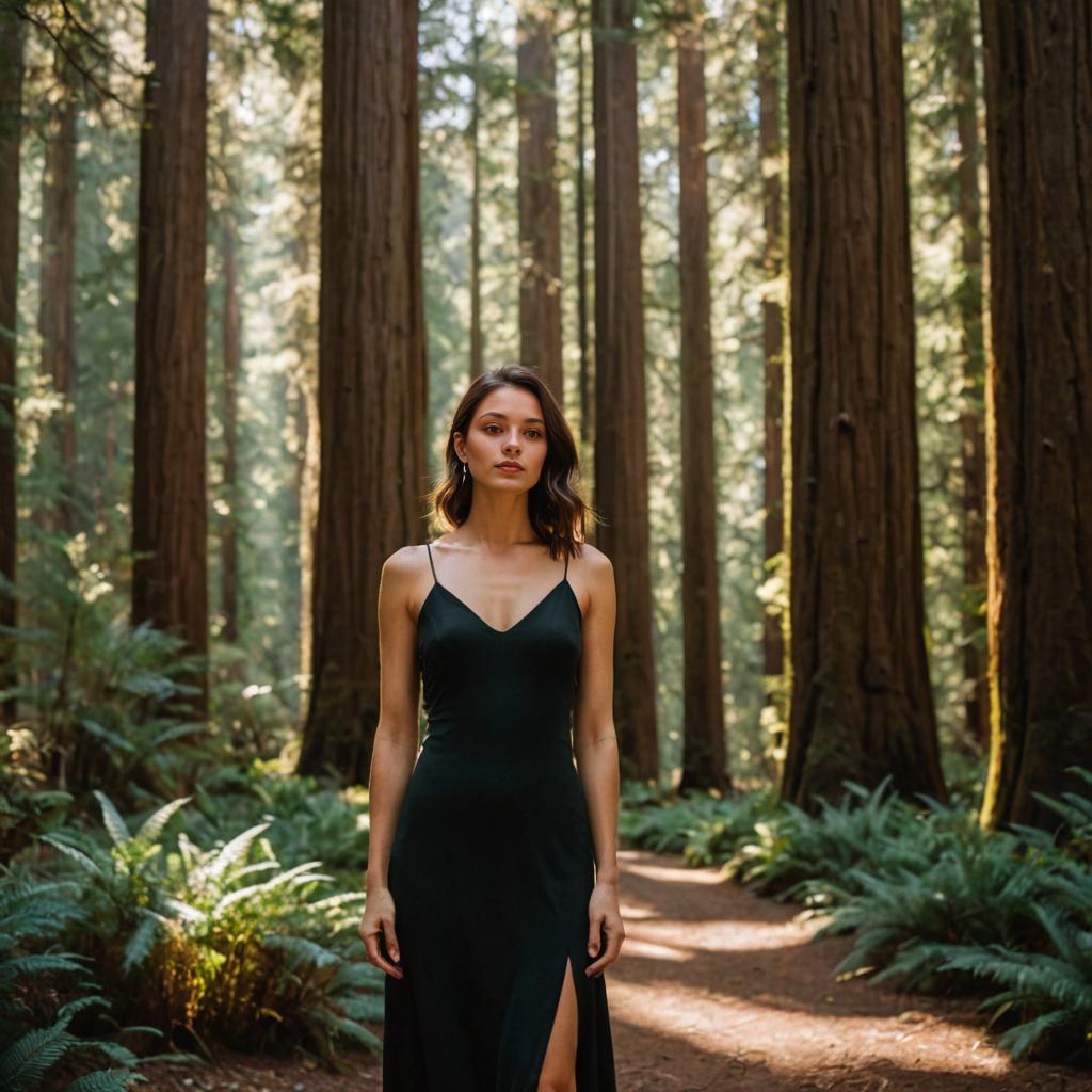 Elegant Woman in Black Dress Among Redwood Trees