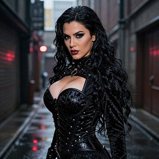 Gothic Woman Wearing Black Corset in Urban Alleyway Fashion Portrait