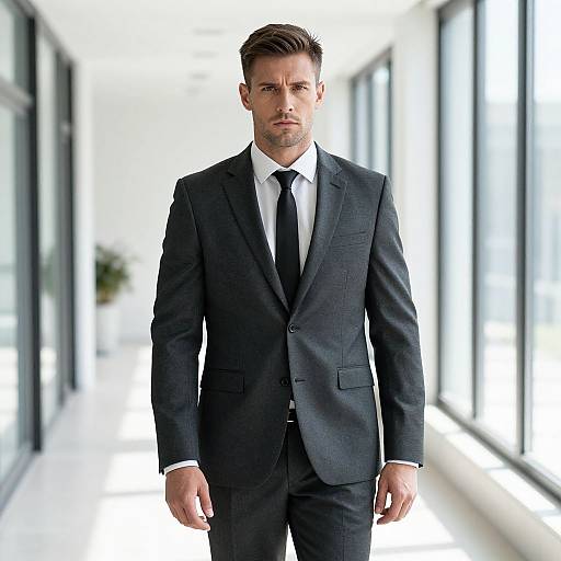 Confident Man in Dark Gray Suit Standing in Modern Office Corridor