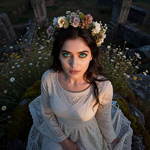Woman with Green Eyes and Floral Crown in Lace Dress at Stone Ruins