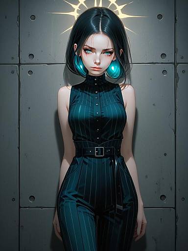 Dark Illustrious Woman in Cyberpunk Pinstriped Jumpsuit Digital Art