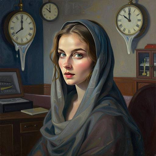 Portrait of Young Woman with Scarf and Vintage Clocks in Classical Surreal Style