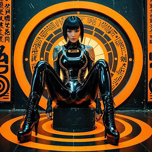 Futuristic Woman in Black Latex Suit with Cyberpunk Aesthetic