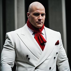 Stylish Bald Man in White Double-Breasted Suit with Red Scarf and Pocket Square