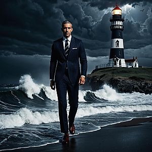 Confident Man in Pinstripe Suit on Stormy Shoreline