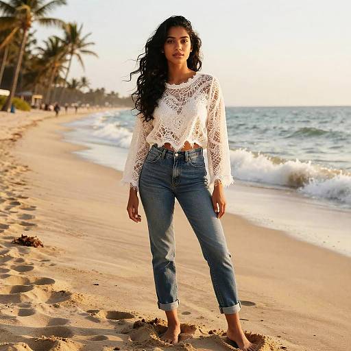 Young Woman in White Lace Top and Jeans on Beach at Sunset