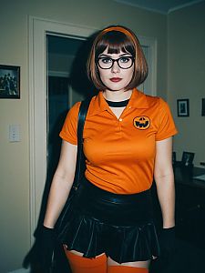 Woman in Velma Halloween Costume Cinematic Realism Editorial Cosplay