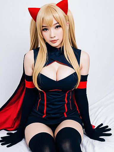 Akatsuki-Inspired Blonde Woman Cosplay with Red Cat Ears and Black Red Costume