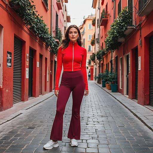 Woman in Red Zip-Up Top and Maroon Pants on Vibrant Cobblestone Street