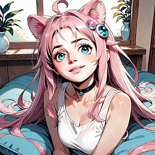 Anime Girl with Pink Hair and Cat Ears in Cozy Indoor Setting