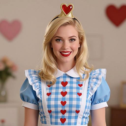 Blonde Woman Wearing Blue Checkered Heart Pattern Dress with Heart Headband