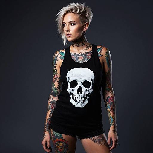 Tattooed Woman in Skull Graphic Tank Top with Platinum Blonde Hair