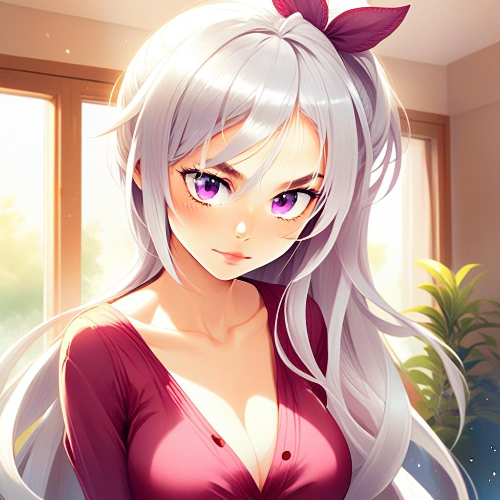 Anime Woman with Silver Hair and Purple Eyes in Cozy Indoor Light
