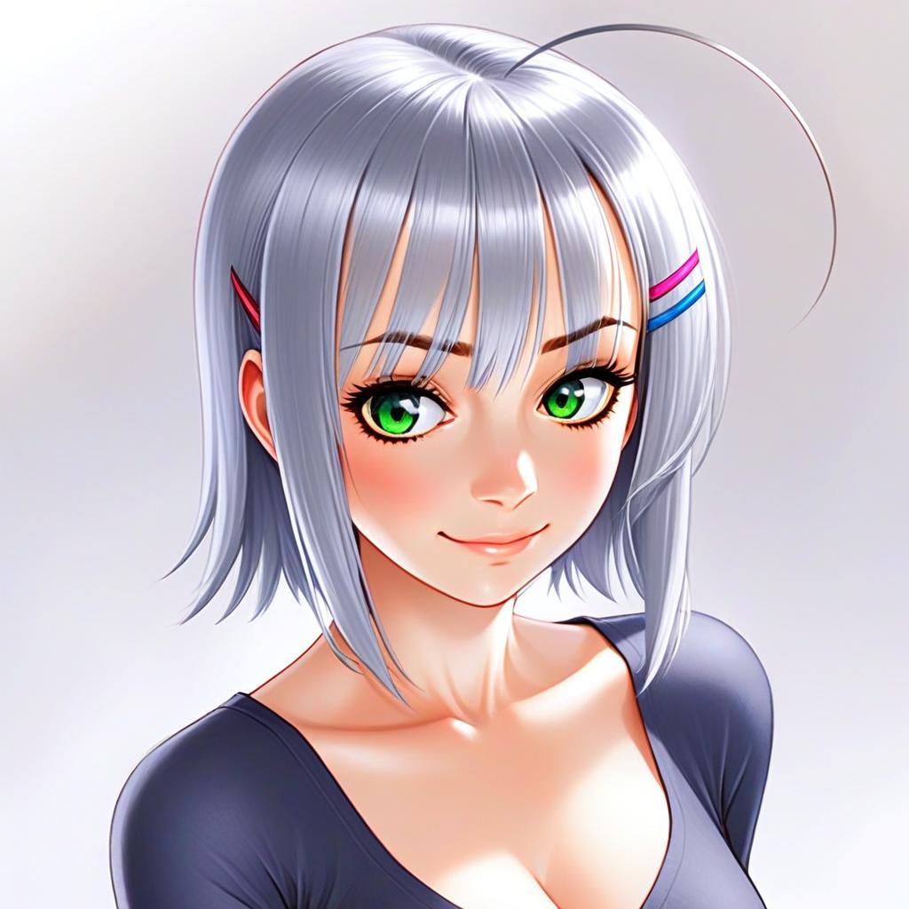 Anime Style Portrait of Silver-Haired Woman with Green Eyes