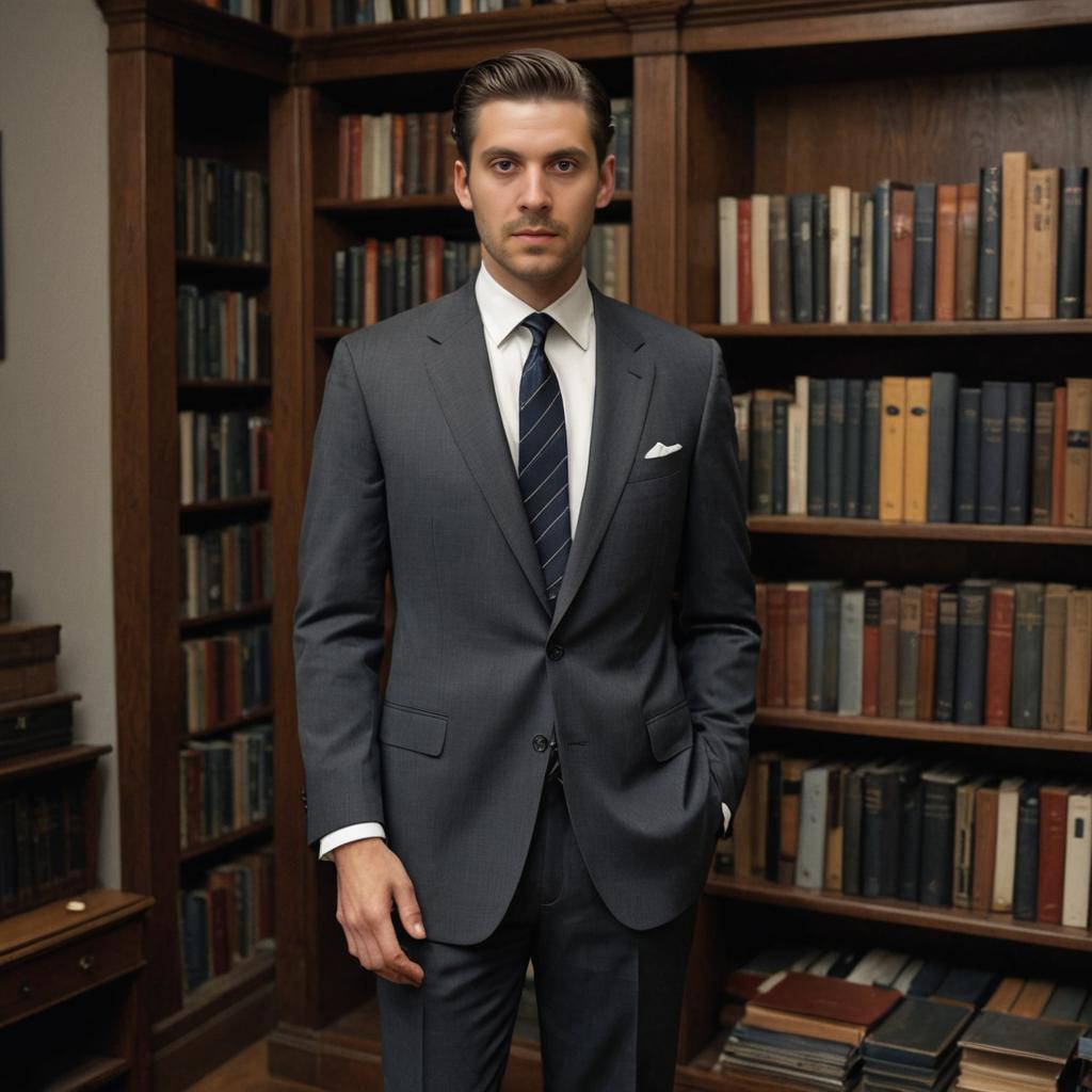 Confident Man in Gray Suit in Library