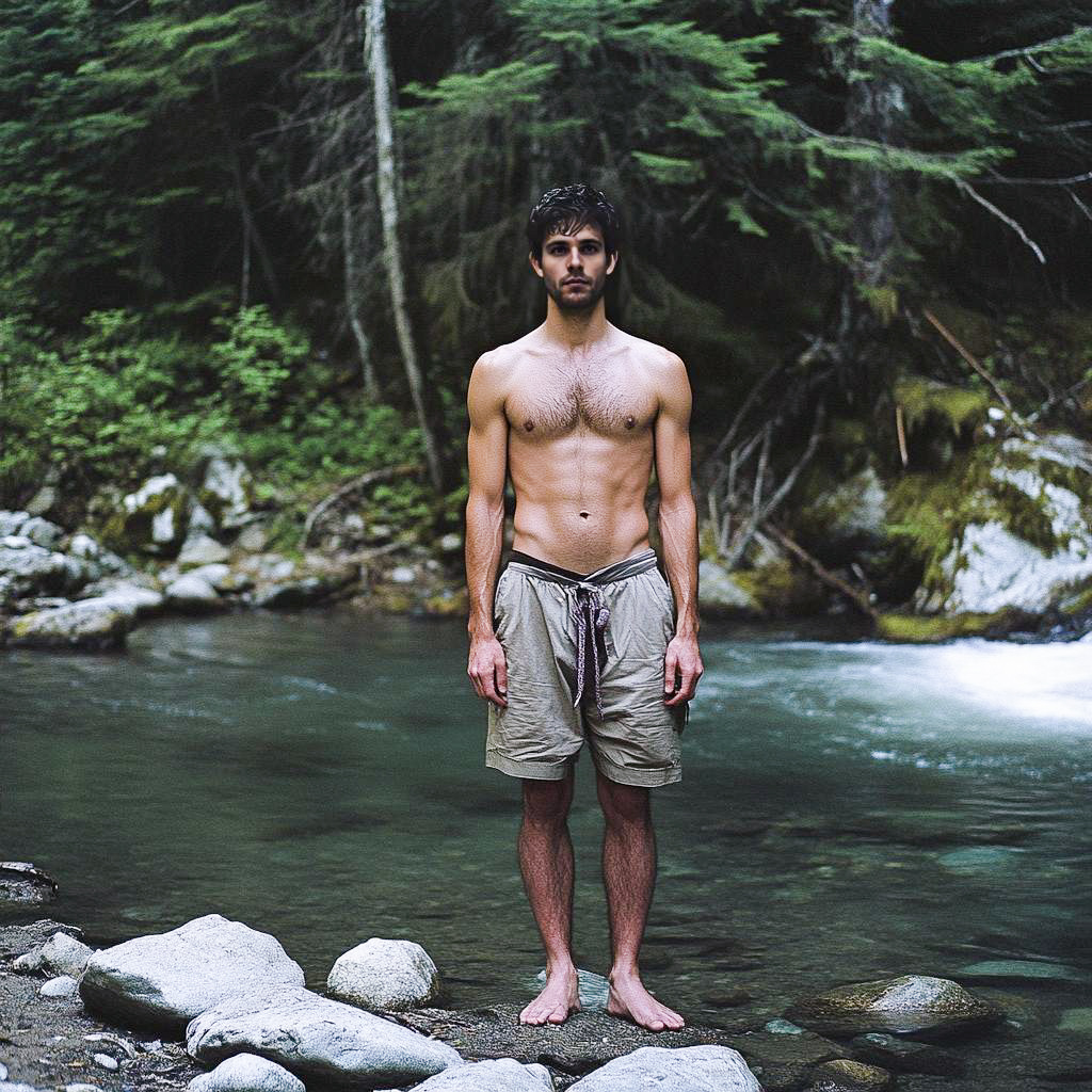 Young man on rocky shore by serene river