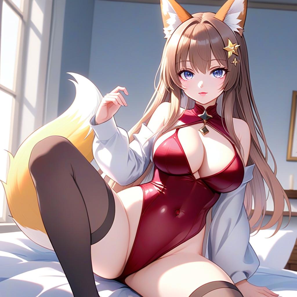 Anime Woman with Fox Ears in Crimson Bodysuit Digital Illustration