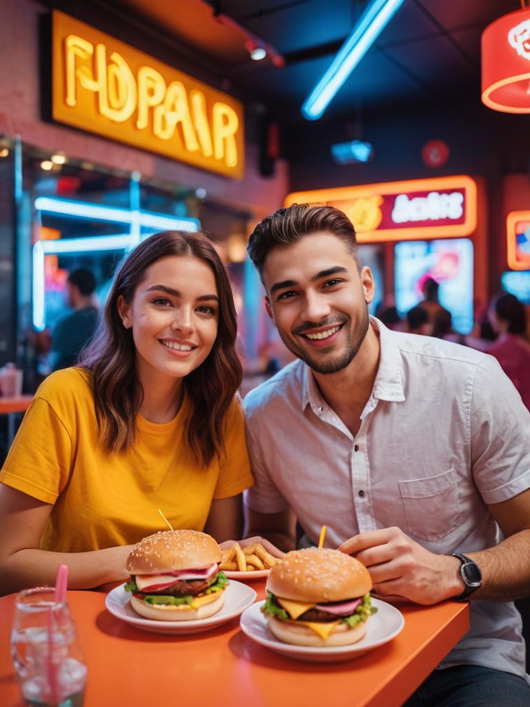 Cheerful couple enjoying burgers and fries in vibrant restaurant