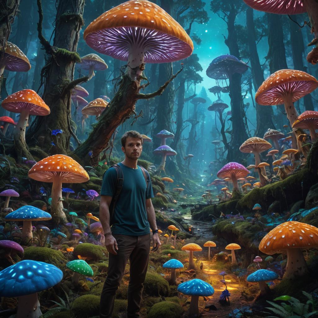 Man in Forest with Luminescent Mushrooms