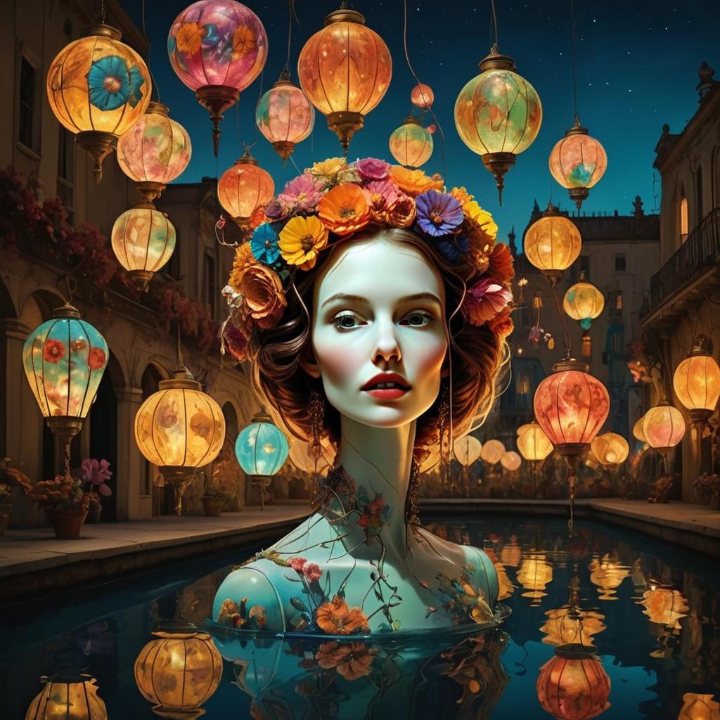 Surreal Woman Portrait in Reflective Water with Floral Crown Surreal Woman Portrait in Reflective Water with Floral Crown