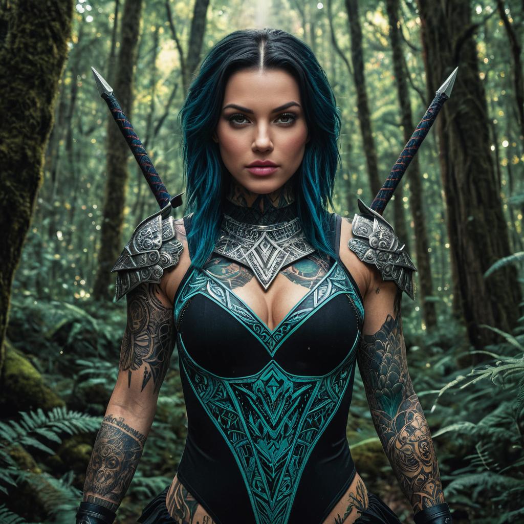 Tattooed Female Warrior Wearing Magical Leotard with Swords in Forest
