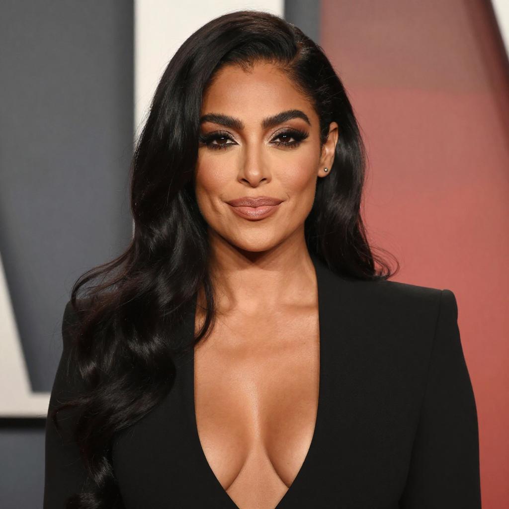 Elegant Woman with Long Black Hair in Chic Deep V-Neck Outfit