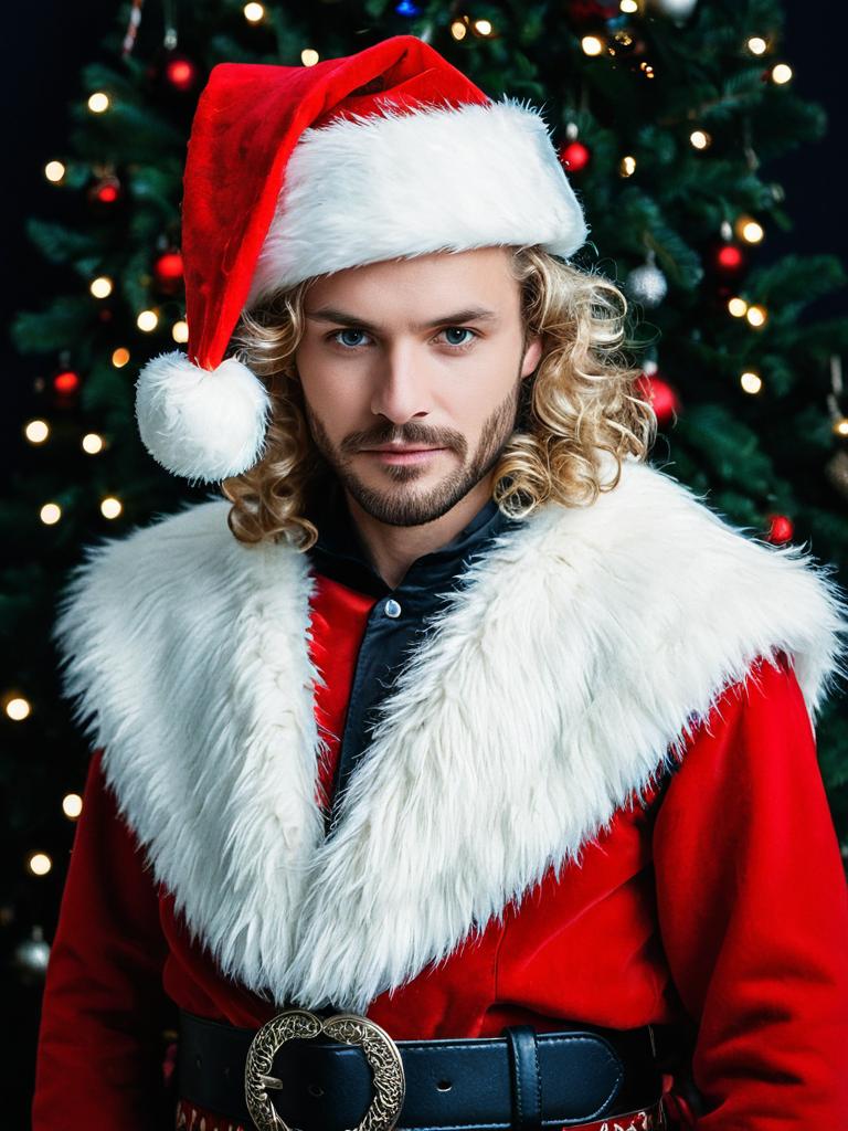 Stylish Man in Santa Costume with Christmas Tree Background