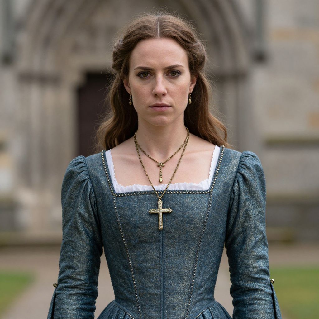 Woman in Vintage Blue Renaissance-Style Gown Wearing Gold Cross Necklace