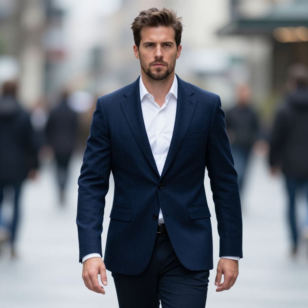 Confident Man in Navy Blue Suit Walking on City Street
