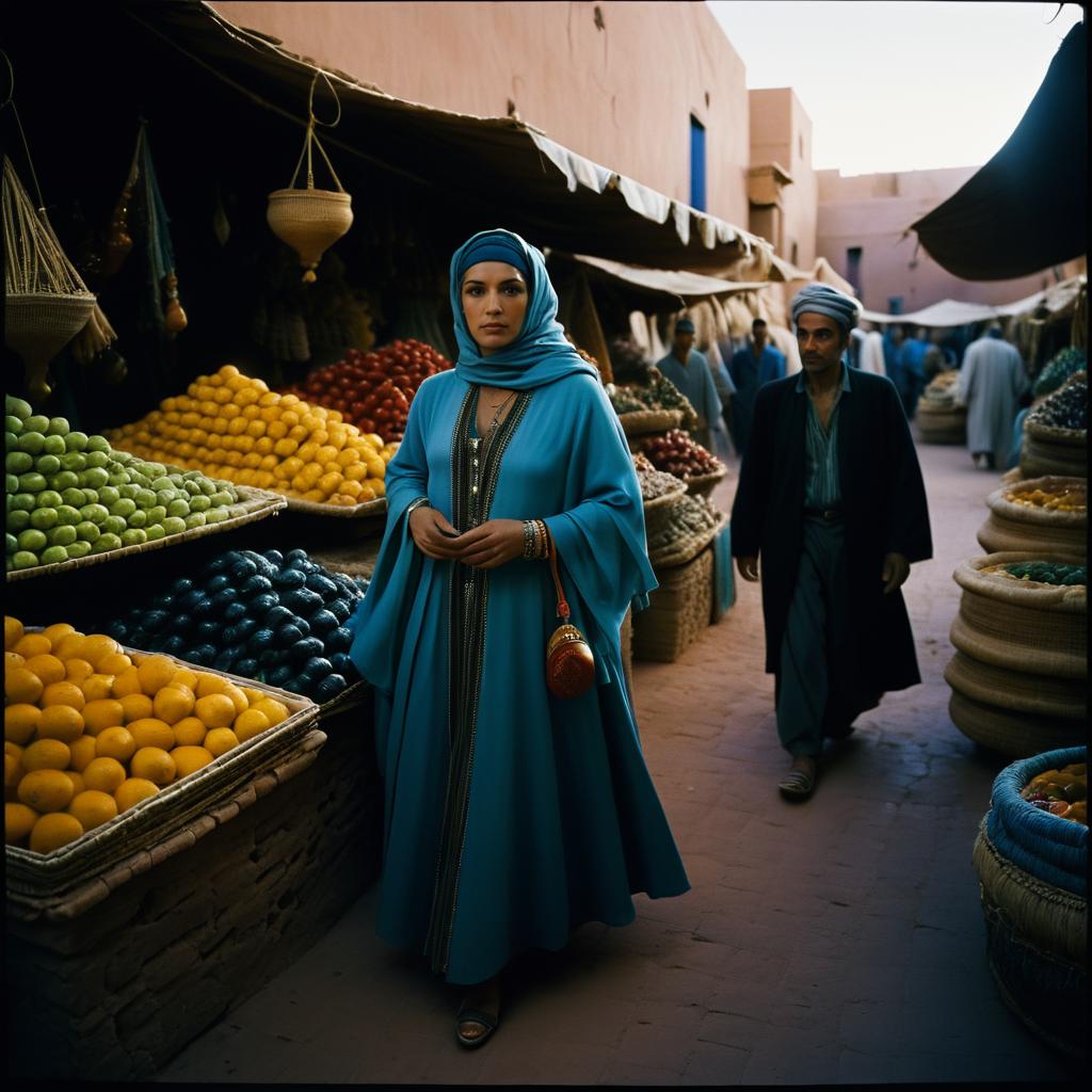 Vibrant Market Scene with Woman in Blue Traditional Outfit