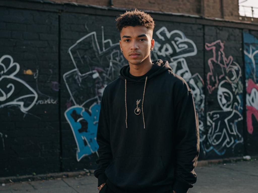 Young man in front of graffiti wall, urban street style