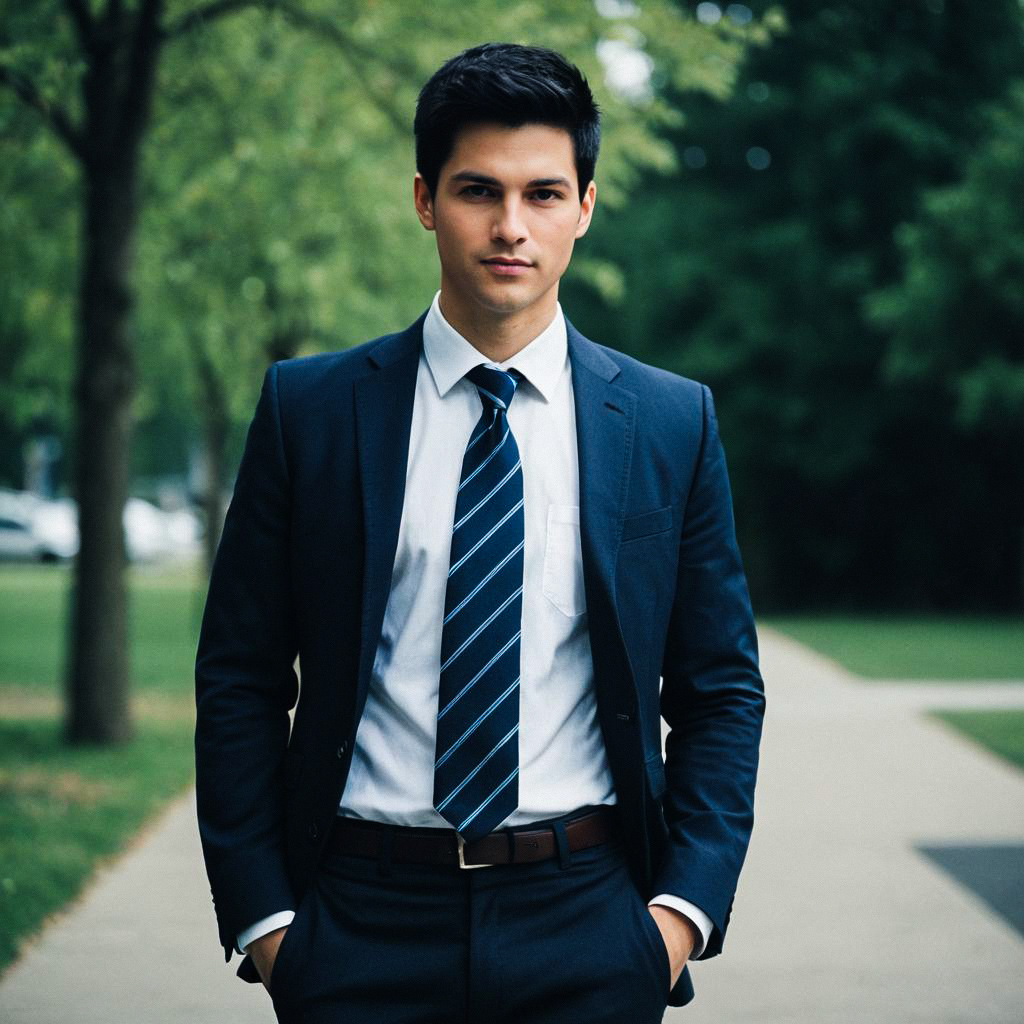 Confident Young Man in Navy Suit Outdoors