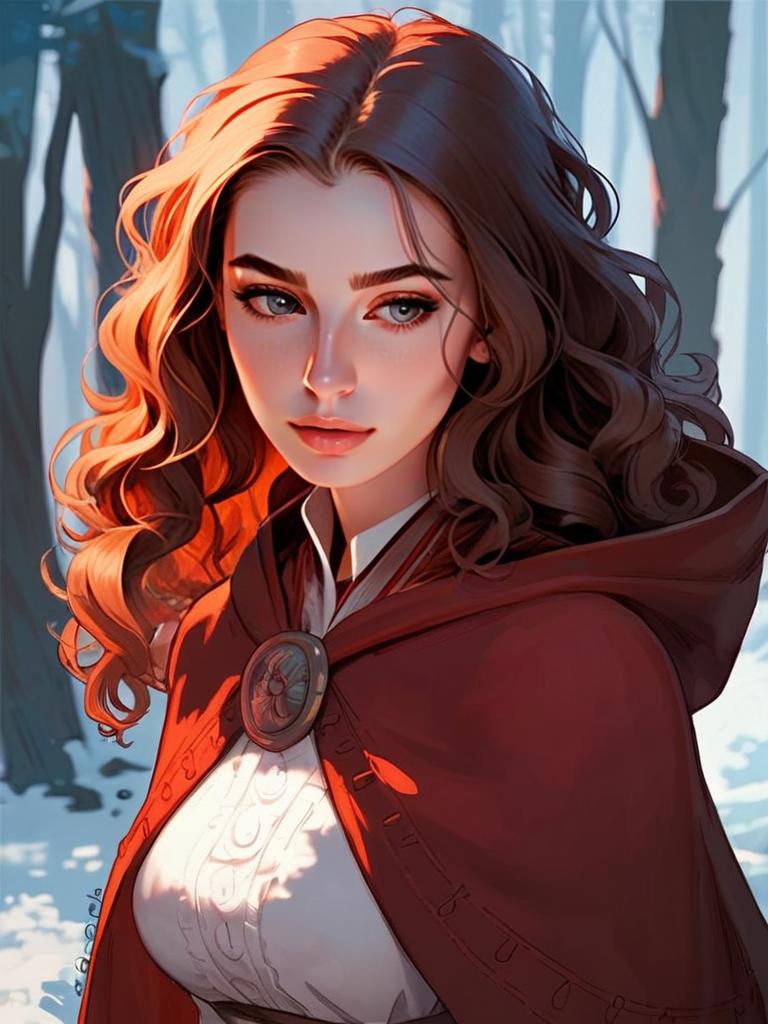 Young Woman in Red Cloak in Forest Light