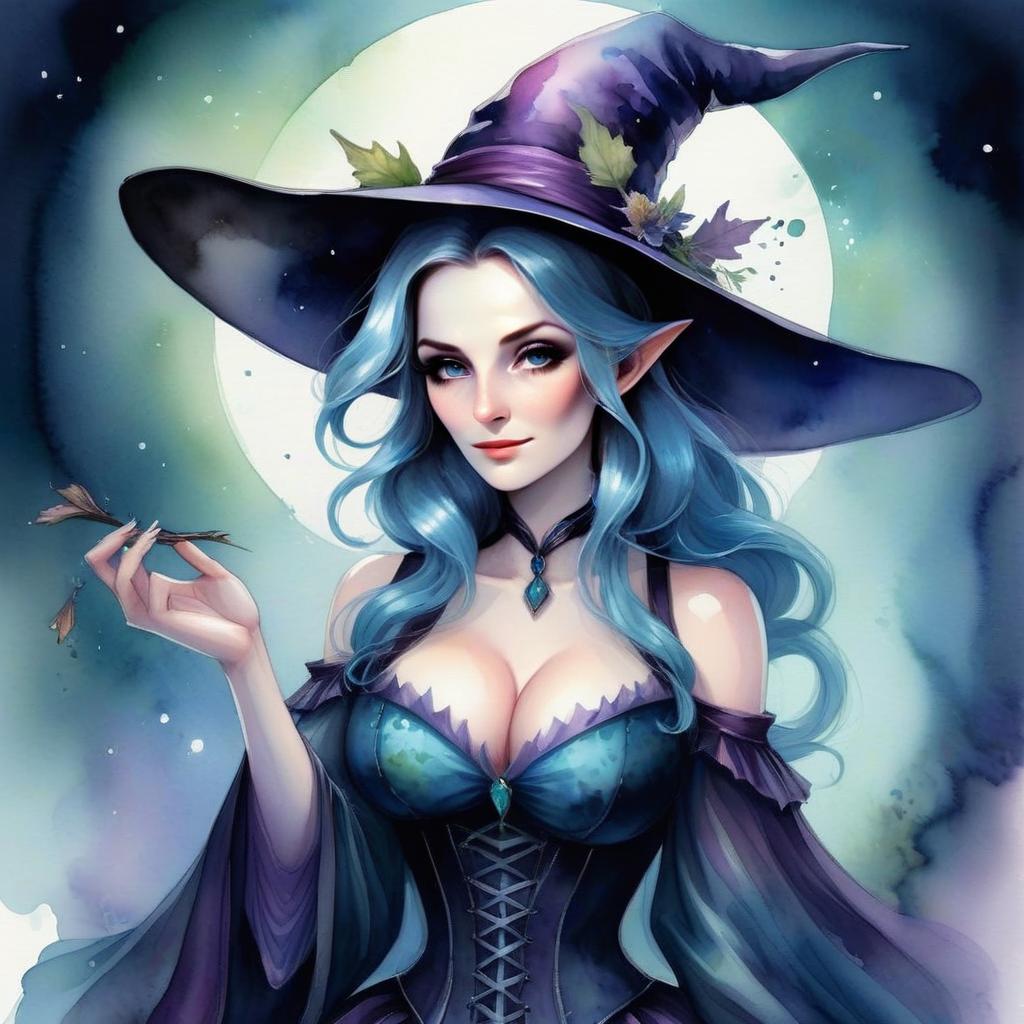 Enchanting Witch with Blue Hair and Full Moon