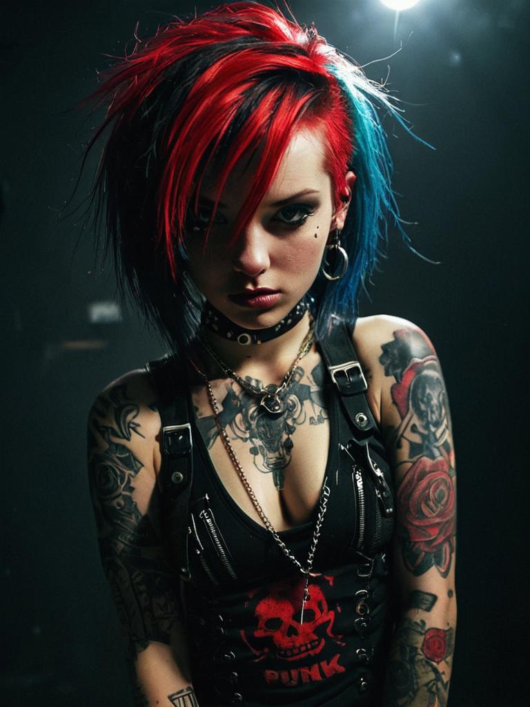 Punk Woman with Red and Blue Hair and Tattoo Art Fashion Portrait