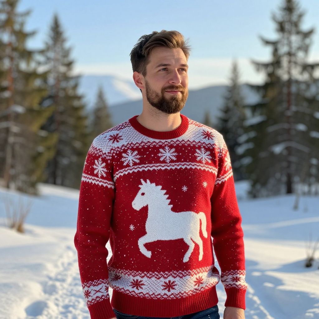 Man Wearing Red Unicorn Christmas Sweater in Snowy Forest